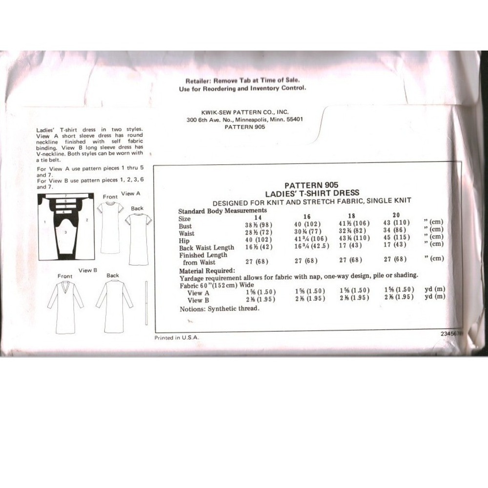 Vintage Kwik Sew 905 T-Shirt Dress Sewing Pattern Kerstin Martensson Size 14-20 - Picture 2 of 2